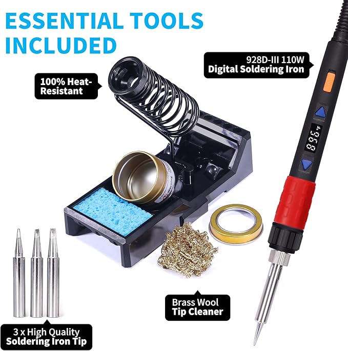 YIHUA 928D-III Soldering Iron,110W High Power, Fully Digital Display °F /°C- Temperature Control Soldering Tool, Accurate 194~896°F, with ON/OFF Switch, Iron Tip, Brass Wool, Automatic Sleep Mode