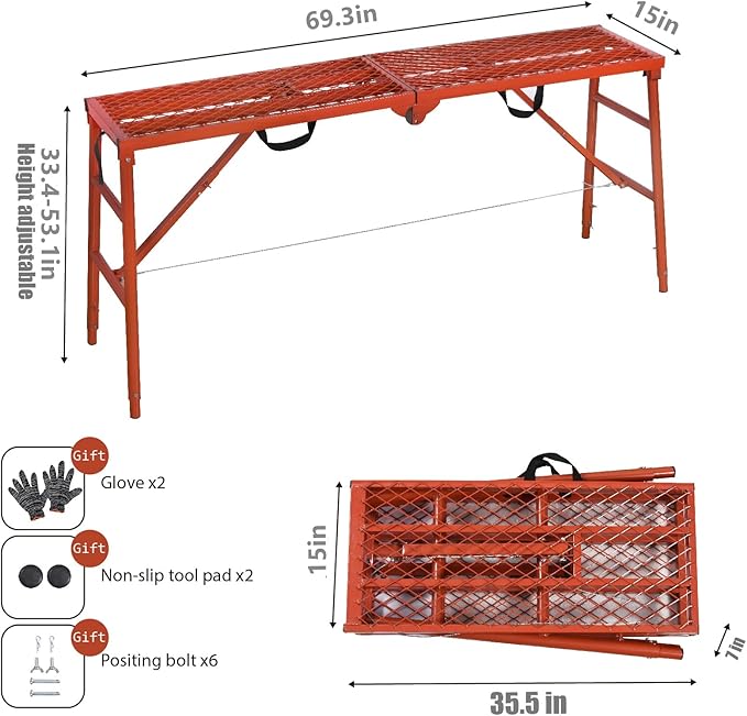 LEADALLWAY Scaffolding Platform 70(L) x15(W) x33(H) 770 Lbs Capacity Folding Adjustable Portable Work Platform Ladder,Red