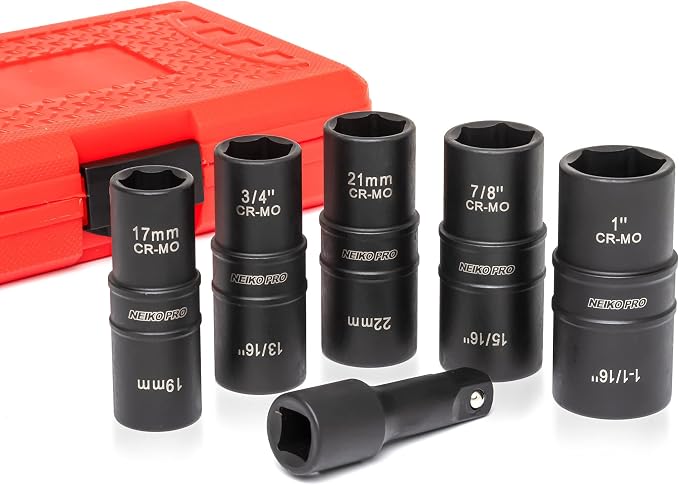 NEIKO 02287B 6-Pc 1/2-Inch-Drive Impact Socket Set, 10 SAE & Metric Sizes, Thin Wall Wheel Lug Nut Socket Set, Cr-Mo, 3-Inch Extension Bar, 6-Point, 19 & 21mm Sockets
