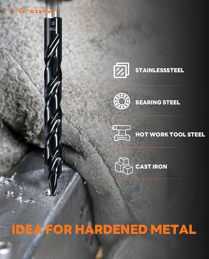 Crosstar Cobalt Stepped Point Drill Bit Set-21pcs 1/16"-1/2" TiAlN Coated Step Drill Head,M35 HSS Jobber Bits,No Pre-Drilling,3-Flat Shank,with Indexed Storage Case,Precise Drilling,for Hardened Steel