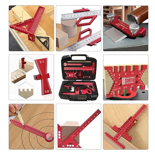 Woodworking Measuring Tools with Box, Aluminum Scribeing Ruler, Multi-Purpose Marking Ruler, Precision Layout Measuring Tool Carpentry Square Kits for Engineer Carpenter (9pcs with Box)