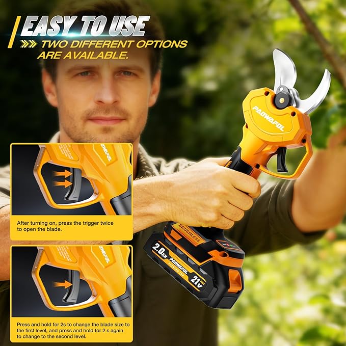 2.05"/ 53mm Electric Pruning Shears, Cordless Electric Scissors LCD Display＆SK7 Blades, 21V Brushless Motor Branch Cutter with 2 PCS Rechargeable 2000mAh Batteries & 2 Blades (Yellow)