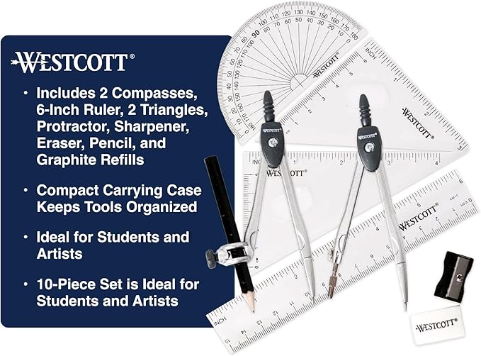 Westcott 10-Piece Math Set for Students, Includes 2 Compasses, Protractor & Ruler, Back to School, Classroom, School Supplies, Geometry Practice, Durable Storage Case