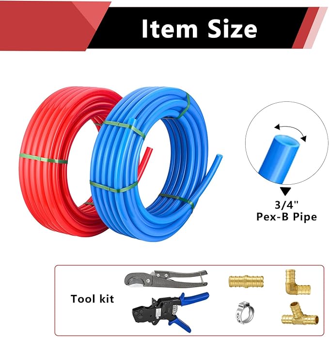(Pipe&Combo Kit) EFIELD 3/4" 2 x100 ft Pex-B Pipe 200 ft, Brass Fittings, Ratchet Crimping Tool, Cinch Clamps, Cutter Combo Kit (All in One)