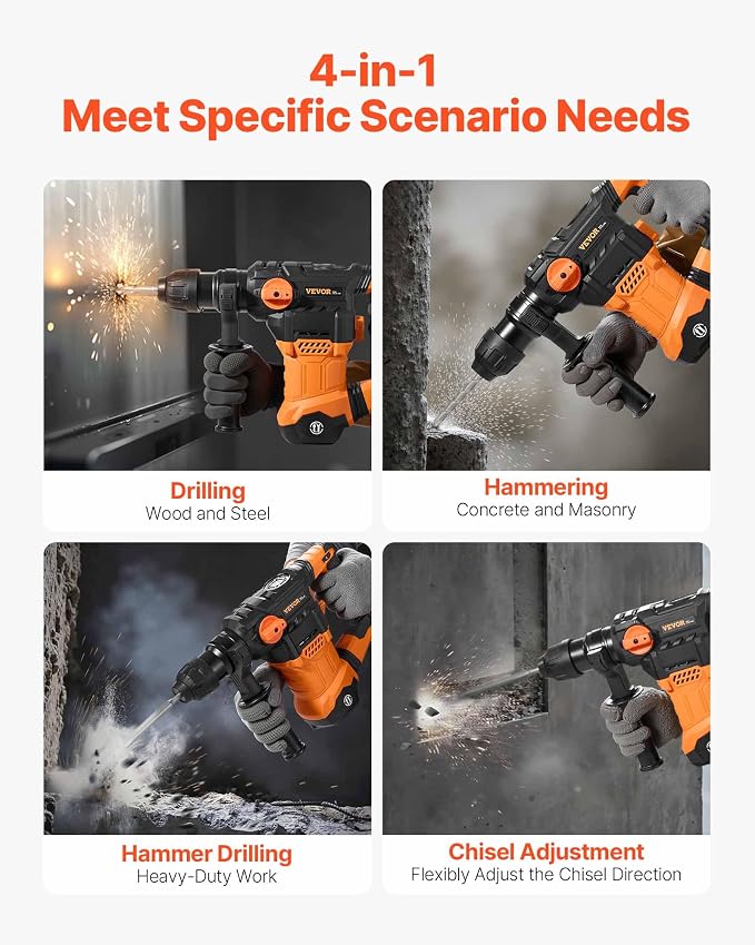VEVOR 1-1/4 Inch SDS-Plus Rotary Hammer Drill, 13 Amp Corded Drills, Heavy Duty Chipping Hammers w/Vibration Control & Safety Clutch, Electric Demolition Hammers Variable Speed, Power Tool For Concret