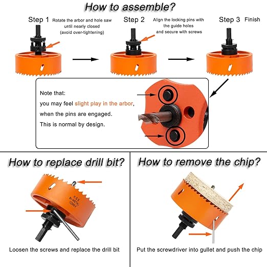 Bi-Metal Hole Saw Kit for Wood Metal and Plastic, 3PCS Hole Saw Set with Case, Fast Chip Removal, Smooth Flat Drilling Edge, Lightweight & Portable (Orange)