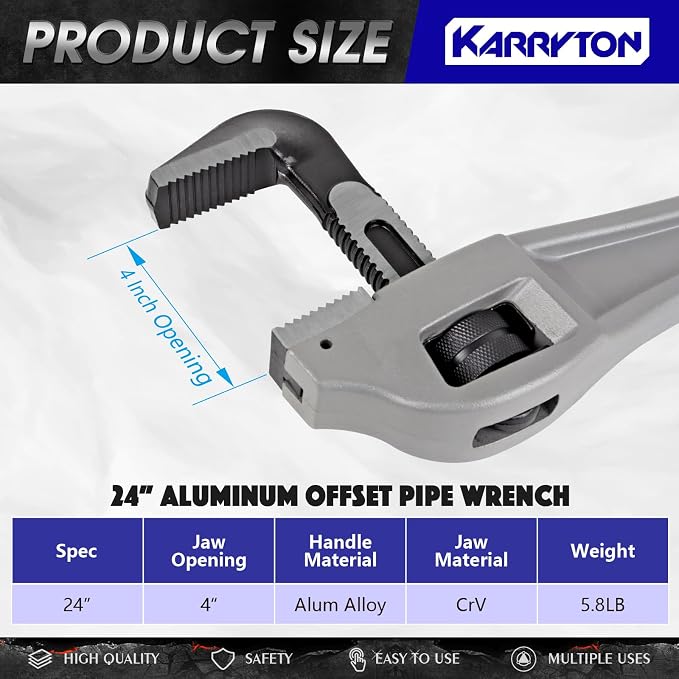 24 Inch Aluminum Offset Pipe Wrench, 4"/101mm Adjustable Jaw Capacity, Heavy Duty Plumbers Wrench with Drop Forged Steel Jaw(CR-V), Perfect Plumbing Tool Exceed GGG Standard