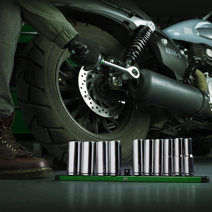 SK 1/2" Drive Socket Set, Deep SAE Sockets, 11-Piece 7/16" to 1-1/16" | SuperKrome Finish, Premium CR-V Steel, with Aluminum Socket Organizer