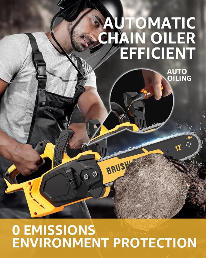 12 Inch Brushless Cordless Chainsaw for 20v Max Battery with Auto Oiler, 45Ft/s 1100W Electric High-Efficiency, No Installation Required, Yellow (Battery Not Included)