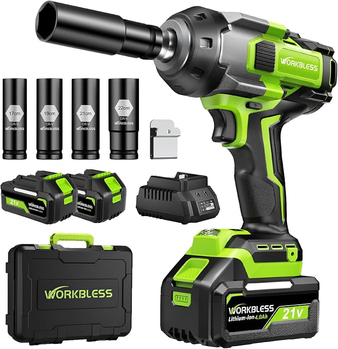 Cordless Impact Wrench 1/2" 1100Ft-lbs(1500N.m) W/ 21V 2 Battery | High Torque Impact Driver,4.0Ah Battery Electric Brushless Impact Gun for Car/Heavy Truck/Pickup,3-Speed,4 Socket,LED Light