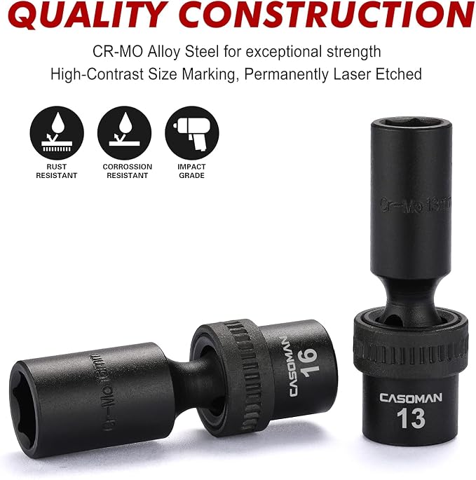 CASOMAN 10 PCS 3/8" Drive Deep Standard Universal Impact Socket Set, 6 Point, CR-MO, Metric,10-19mm