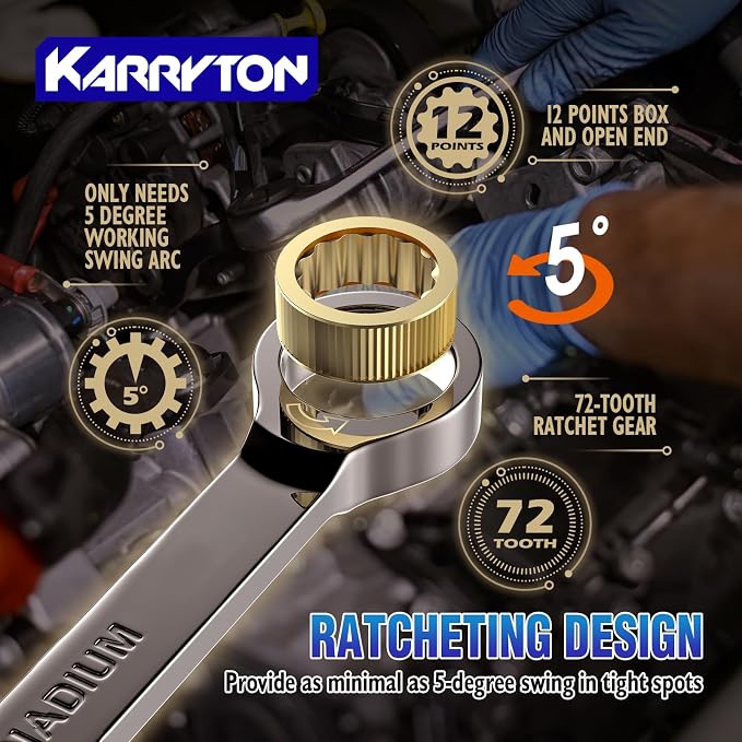 12-Piece Ratcheting Wrench Set (SAE),72 Teeth Ratchet Combination Wrenches Set with Organizer Rack,Cr-V Steel,1/4-7/8"(12PCS),Black Nickel Handle with Golden Ratchet