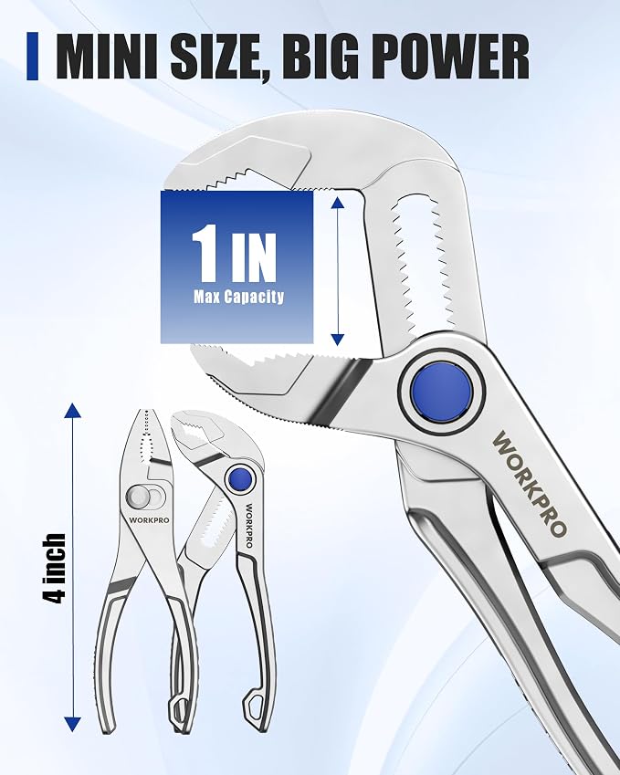 WORKPRO 2-Piece Mini Pliers Set with Pouch, 4-Inch Slip Joint Plier & Water Pump Plier, Heavy-Duty Alloy Steel Adjustable Plier with Anti-Rust Coating, Pocket Pliers for Tight Spaces & Versatile Use
