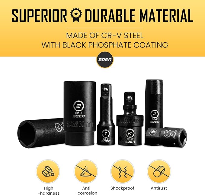 BOEN 1/2" Drive Impact Socket Set, 45 Piece Deep & Shallow Metric Socket Set 9mm to 32mm, Includes 3" 5"10" Extension Bars, Universal Joint, Adapter, 6 Point Design, Cr-V Steel, Meets ANSI Standards