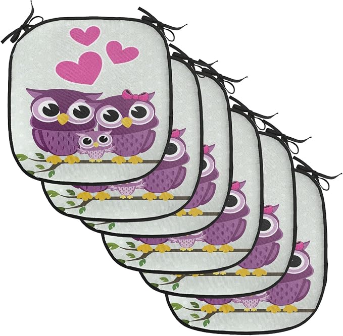 Lunarable Owls Chair Cushion Pads Set of 6, Animal Couple Owl Sitting on a Branch Family Portrait Cartoon Art, Anti-Slip Seat Padding for Kitchen & Patio, 16"x16", Purple Yellow Pink