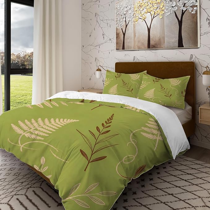 Batmerry Green Brown Branch Leaves Queen Size 100% Cotton Duvet Cover Sets, Minimalist Plant Illustration Bedding Set with Zipper Closure Corner Ties, 3 Pieces (1 Cover + 2 Pillowcases No Comforter)