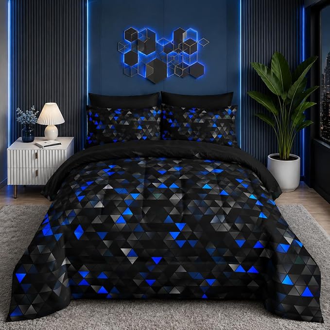 Nttopship Geometric Blue Black Triangle Full Size Comforter Set,Light Honeycomb Bedding Set 7 Piece in A Bag,Bed Sheet Set Geometry Decor,Microfiber Lightweight All Season