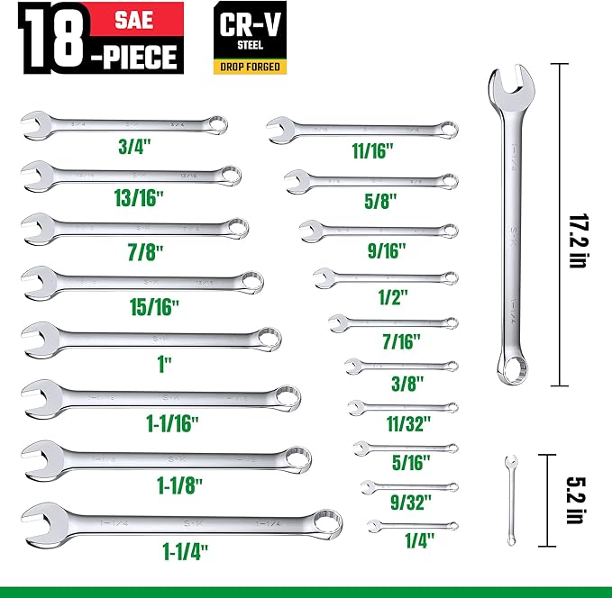 SK Combination Wrench Set, SAE 1/4" to 1-1/4", 18-Piece, Premium CR-V Steel | SuperKrome Finish, Drop Forged, 12-Point Wrenches, 15-Degree Offset, with Rolling Pouch