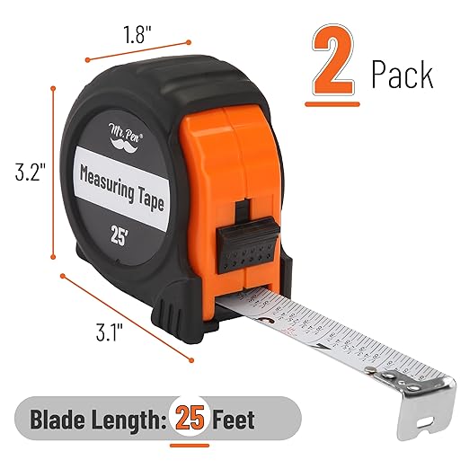 Mr. Pen- Retractable Tape Measure 25 ft, 2 Pack, Orange, Easy Read, Steel Retractable Measuring Tape with Fractions, Ideal for Construction & DIY Projects
