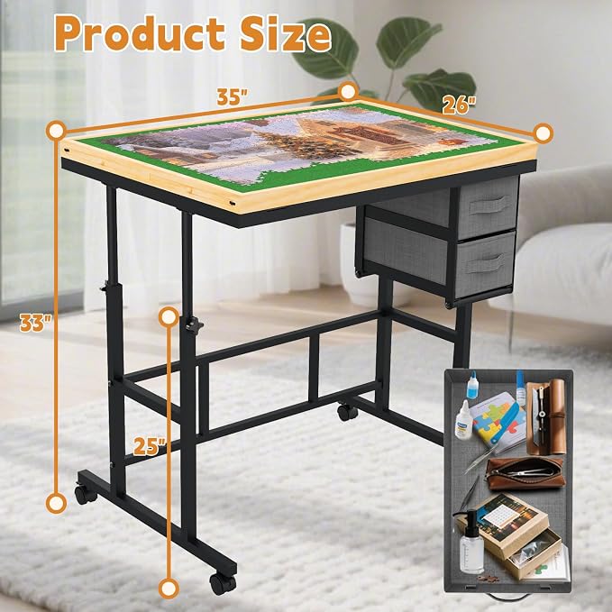Jigsaw Puzzle Table with Drawers × 6,1500pcs Adjustable Height and Five up Angles Puzzle Tables for Adults with Drawers,Cover,Wheels for Indoor Game in Winter(Green)