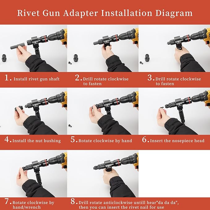 2-in-1 Design Cordless Rivet Gun Adapter and Rivet Nut Adapter,Electric Drill Tools Accessory Kit with Carry Case,7 Metric Mandrels M3 to M12, 6 Rivet Heads 2.4mm to 6.4mm