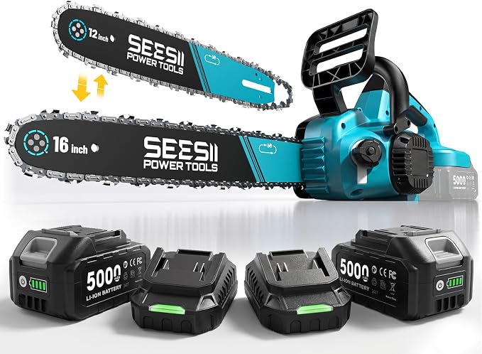 SEESII 40V 16 Inch & 12 Inch Cordless Electric Chainsaw 2×5.0Ah Batteries | 1600W Brushless Chain saw with Tool-Free Chain Tension, Auto Oiling for Tree Trimming, Firewood, Storm Cleanup,42ft/s