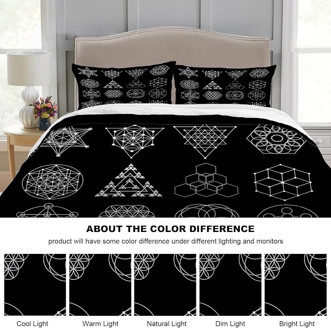 Batmerry Geometry Sacred Symbol Queen Size 3 Pieces Bedding Duvet Cover Sets,Soft Fluffy Religion Philosophy Pattern Printed Duvet Cover for All Season