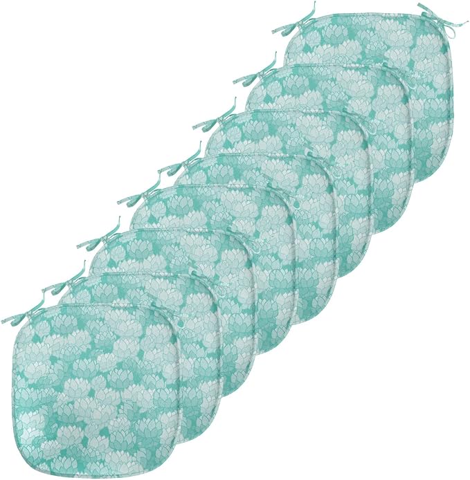 Lunarable Aquamarine Chair Seating Cushion Set of 8, Retro Design Continuous Pattern of Abstract Flowers, Anti-Slip Seat Padding for Kitchen & Patio, 16"x16", Turquoise Pale Seafoam