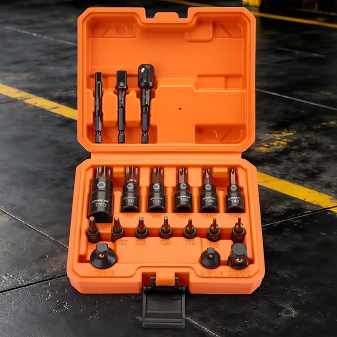 19-Piece Torx Bit Socket Set T8-T70, 1/4", 3/8" And 1/2" Drive, S2 Steel 6 Point Star Bits, CR-V Sockets and 3 Adapter Storage Case for Hand Use Work on Cars, Trucks
