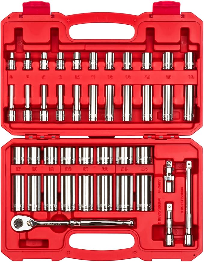 TEKTON 3/8 Inch Drive 6-Point Socket and Ratchet Set, 42-Piece (6-24 mm) | SKT15201 | (6 - 24 mm), Shallow and Deep, Case