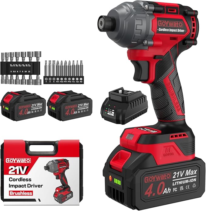Cordless Impact Driver 2655In-lbs(300N·m) - 21V 1/4" Hex Chuck Brushless Impact Driver With 2 x 4.0Ah Batteries & Charger & 14 x Sockets Set & 10 x Screwdriver Bits for Home Projects & DIY Red