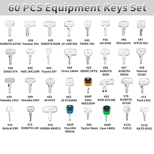 60PCS No-Duplicate Heavy Equipment Keys Master Set, Cat Key Set, Construction Ignition Key for CAT JLG Case JD Hyster
