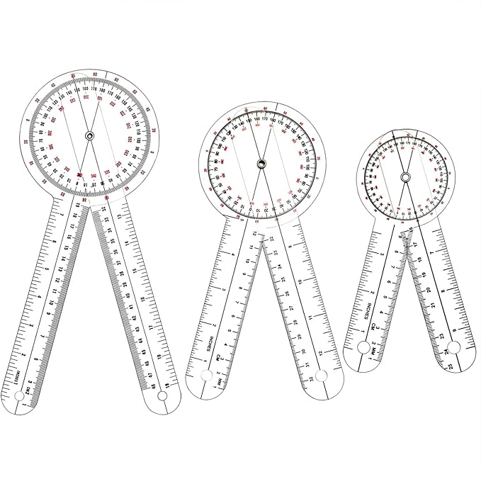Goniometer Set 3 Pieces of 6/8/12 Inch, Transparent Orthopedic Angle Ruler Plastic Goniometer, 360 Degree Clear Protractor Physical Therapy for Body Measuring Tape Goniometer Protractor Ruler