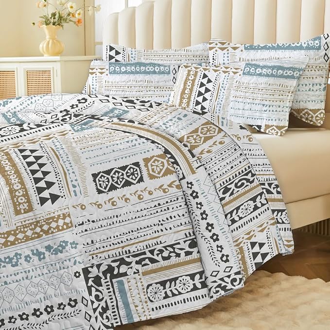 Geometry Patchwork Quilt Set Queen - Blue Quilts for Queen Size Bed, Multicolor Patchwork Printed GeometryBedding Set - Soft Microfiber Lightweight Coverlet Bedspread(Geometry, Queen(90"x90"))