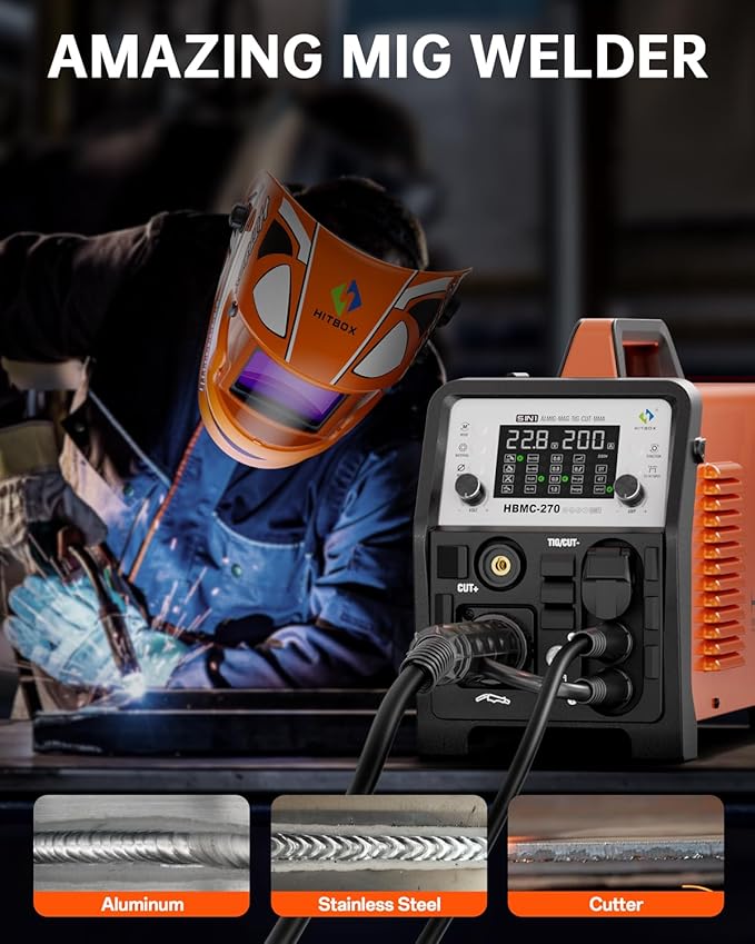 HITBOX Multifunctional Welder Plasma Cutter Combo, 200A 220V Aluminum Pulse MIG/Gas/Flux Core MIG/HF TIG/ 40A Plasma Cutter/Stick/Spot with 2T/4T, Synergy, Large Digital Display