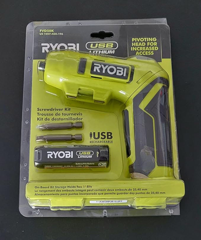 RYOBI USB Lithium Screwdriver KIT with 2.0 AH USB Lithium Battery and Charging Cable FVD50K
