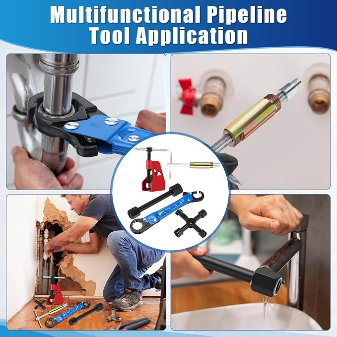 5 Pcs Angle Stop Wrench Kit Plumbing Tool, Compression Sleeve Puller for 1/2" Compression Fitting Ferrule Puller Removal Tool for 1/2" Copper Tubing 4-way Multi-functional Utility Key(Blue)