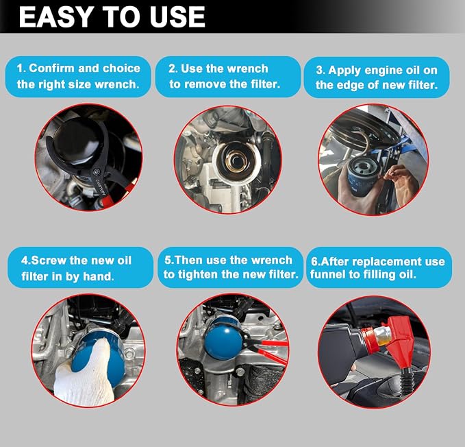 6Pcs Oil Filter Pliers Set, Universal Oil Filter Wrench with Oil Funnel, 10" & 12" & 14" & 16" Premium Oil Filter Removal Tool From 1-1/4" to 8-1/2"