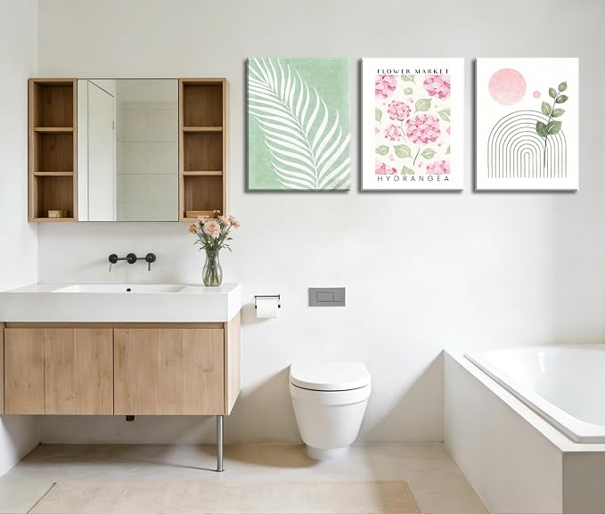 Framed Pink And Green Abstract Leaves Wall Art,Boho Botanical Canvas Wall Art Set of 3, Pink Hydrangea & Sage Palm Prints, Wall Decor for Girls Room Bedroom Living Room Bathroom, 12x16 Inch