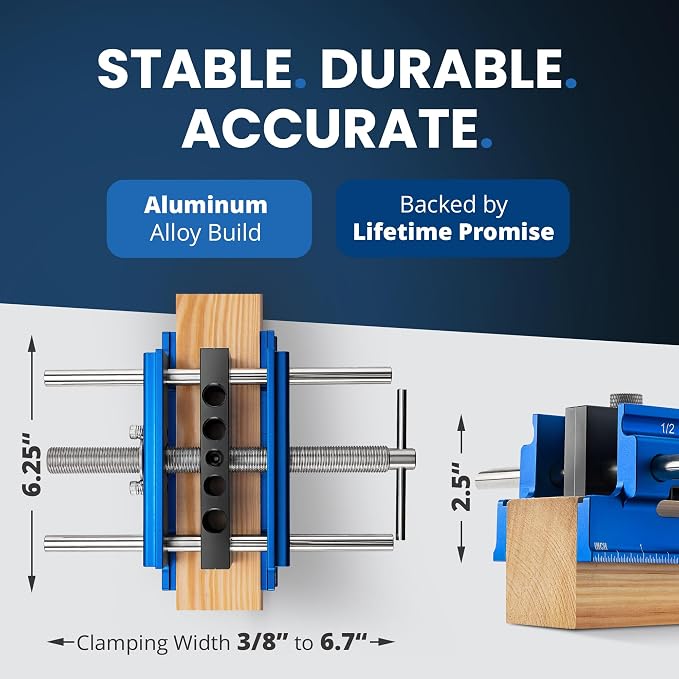 ELEON Self Centering Dowel Jig with Elongated Jaws & Extra Wide Clamp up to 6.7" - Precision Woodworking Made Effortless - Lasting Craftsmanship - Aluminum Alloy Drill with Guide & 6pcs Drill Bushings