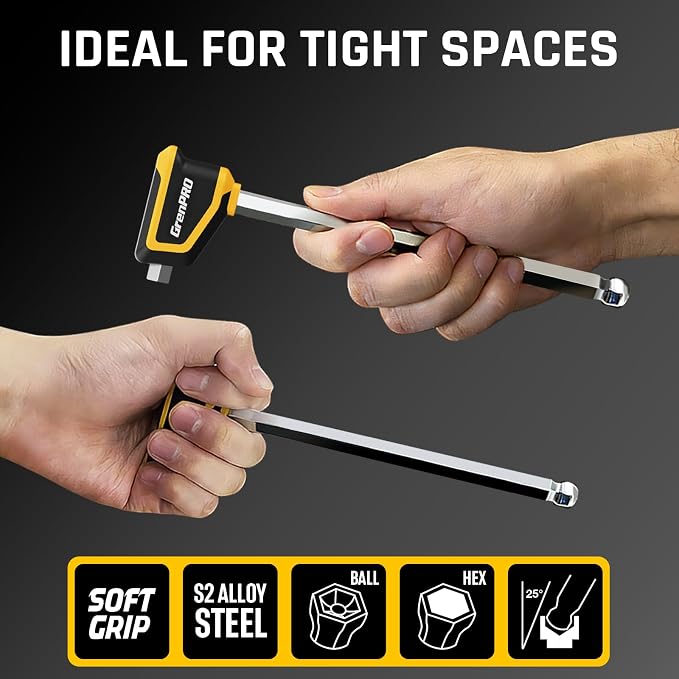 GRENPRO 18PC T-Handle Ball End Allen Wrenches Sets Metric &SAE Box Hex Key | Long Allen Key Set With Storage Rack For Garage & Household DIY & Bike Repair Multifunctional Tools,Cr-V Steel