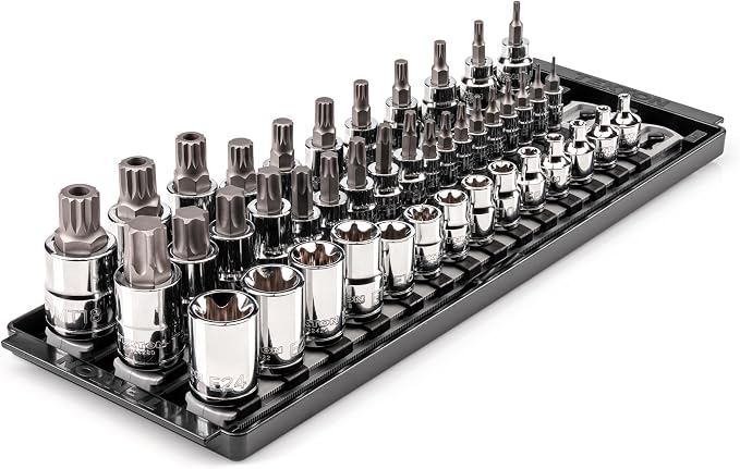 TEKTON Bit Socket and External Star Socket Set, 43-Piece | SKT93900 | 1/4, 3/8, 1/2 Inch Drive, (T6 - T80, E4 - E24, M4 - M18), Socket Rail
