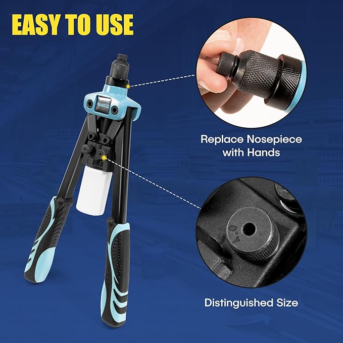 13" Rivet Gun, 1/4 Pop Rivet Gun with 100 Pcs Rivets, Manual Hand Heavy Duty Riveter with 5 Nosepieces for Plastic Metal,Aluminum, Plastic, Tube Stock,Gutter & Automotive.