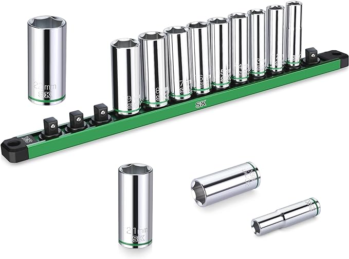 SK 3/8" Drive Socket Set, Deep Metric Sockets, 13-Piece 10-22mm | SuperKrome Finish, Premium CR-V Steel, with Aluminum Socket Organizer