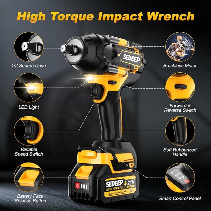 1/2 Inch Impact Wrench, for home Golden Yellow | High Torque 1500N·m (1100 Ft-lbs), 21V Brushless Electric, 2 * 4.0Ah Battery, 5 Sockets, For Car/Mower/Pickup/Truck RV