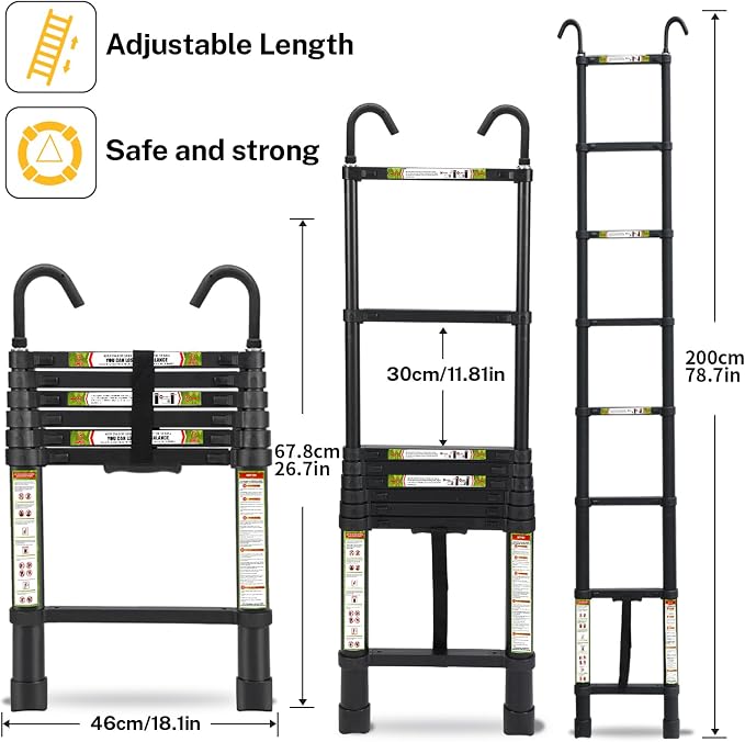 RIKADE Telescopic Ladder, 6.5 ft Aluminum Telescoping Ladder with Non-Slip Feet and Stable Hook, Portable Extension Ladder for Household and Outdoor Working, Max Load 330 lb, Black