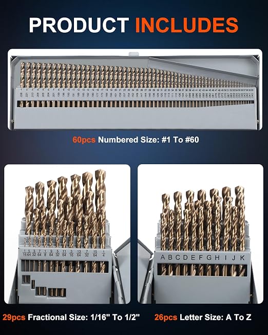 COMOWARE Cobalt Drill Bit Set- 115Pcs M35 High Speed Steel Twist Jobber Length for Hardened Metal, Stainless Steel, Cast Iron and Wood Plastic with Metal Indexed Storage Case, 1/16" - 1/2"