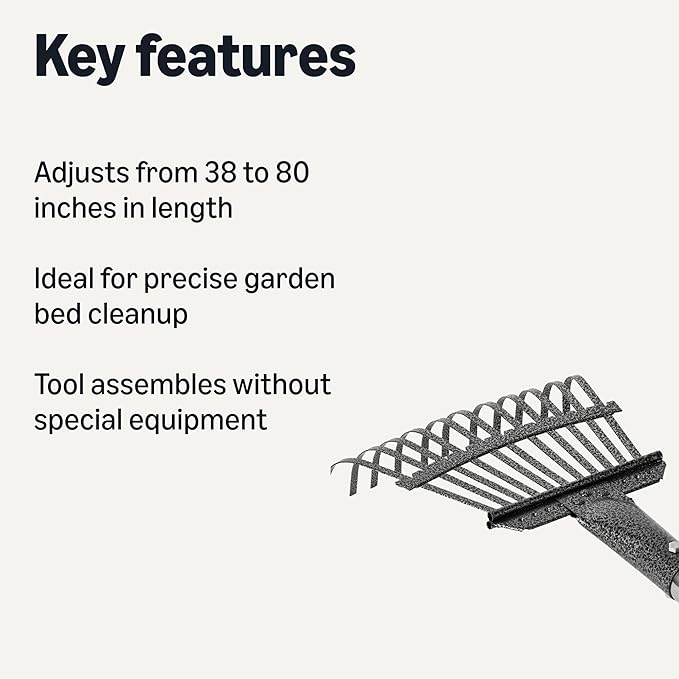 Amazon Basics - Garden Rake, 38.5" - 80.5" Adjustable Steel Handle, Olive/Black/Silver