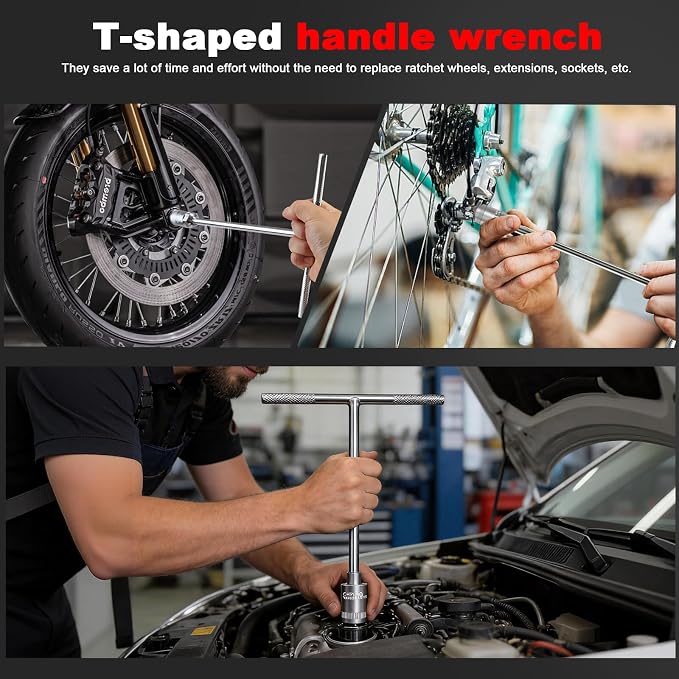 T-Handle Socket Wrench Set, 14PCS Metric，Vanadium Steel | 6, 7, 8, 9, 10, 11, 12, 13, 14, (15-19mm), 6-Point Hex Socket, Chrome Vanadium Steel, For Motorcycle Car Bicycle Repair