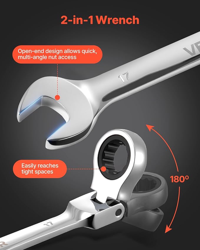 VEVOR 24-piece Ratcheting Wrench Set with 180° Flex Head, Anti-Slip Tooth, Combination Wrench Sets with Organizer Box, Metric 8-19mm & SAE 1/4-3/4", Polished